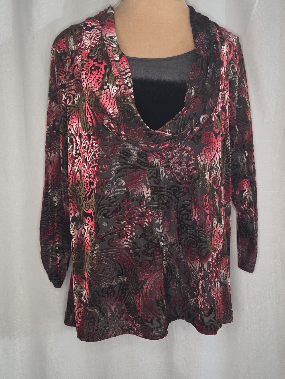 Elementz Black Velvet Burnout Cowl Neck Top with Pink Accents Size 2X